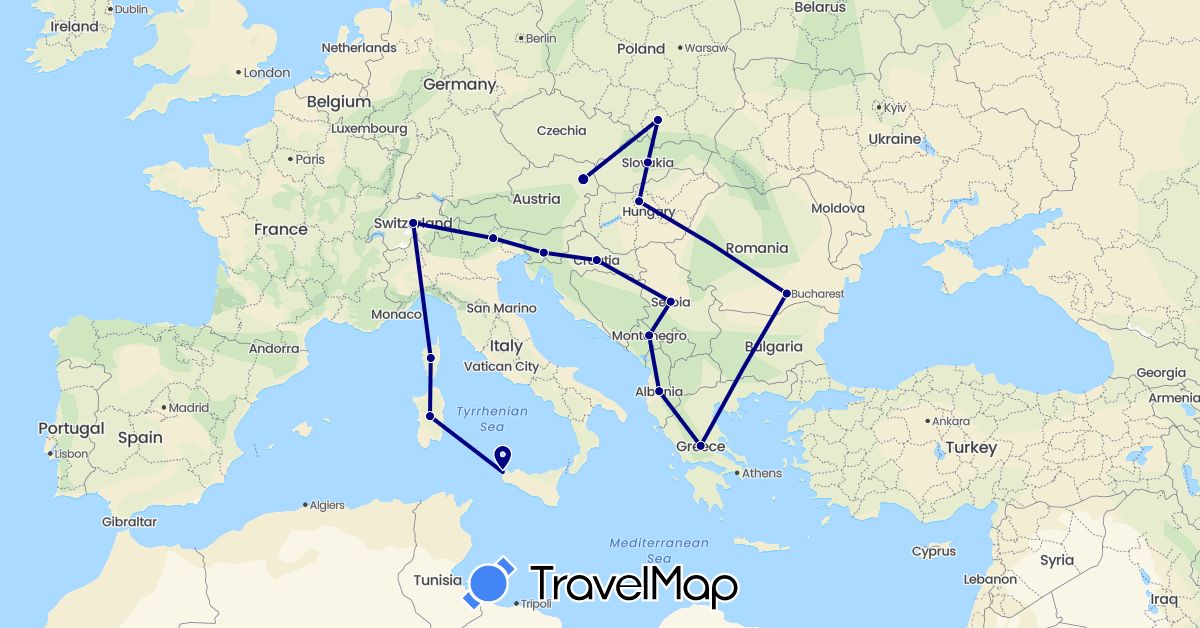 TravelMap itinerary: driving in Albania, Austria, Switzerland, France, Greece, Croatia, Hungary, Italy, Montenegro, Poland, Romania, Serbia, Slovenia, Slovakia (Europe)